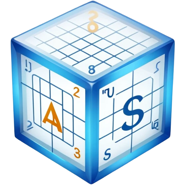 An icon featuring a transparent cube with geometric sections and mathematical calculations, symbolizing the study of mathematics. The design includes algebraic formulas, graphs, and mathematical symbols, representing advanced mathematical concepts and problem-solving. Transparent background emoji