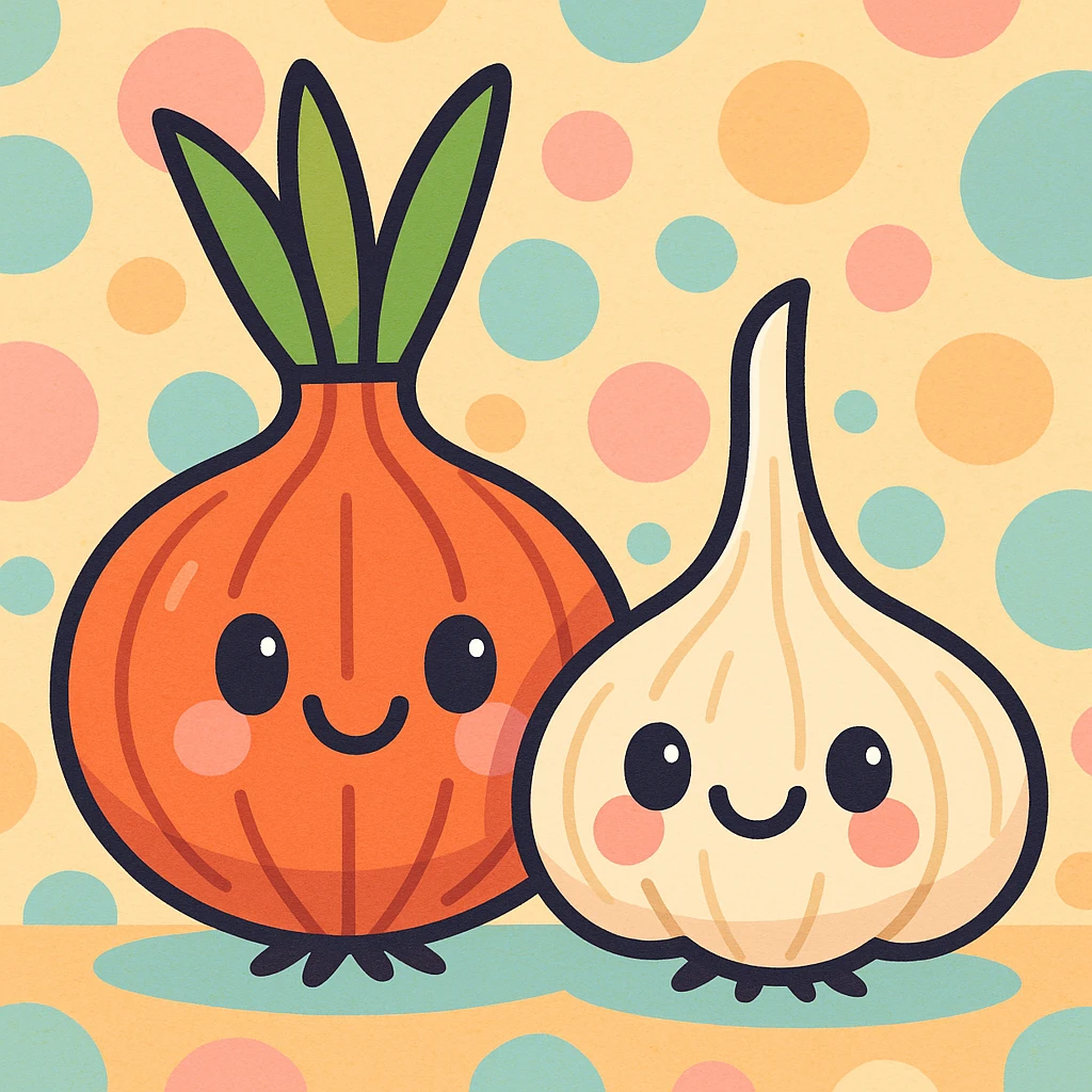 onion and garlic with smiling faces, animated style, background pattern, soft pastel colors emoji