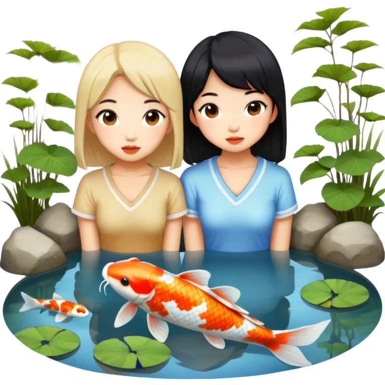 two asian girls koi pond emoji