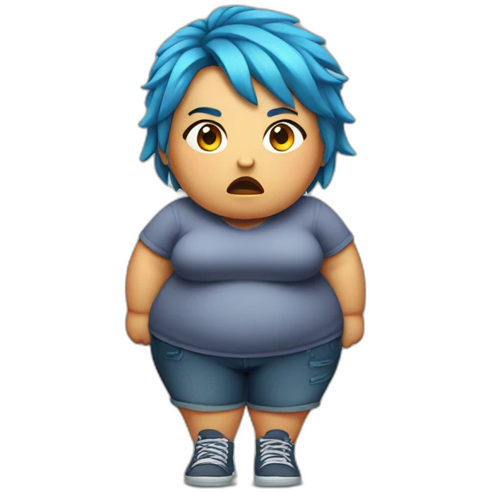 obese girl, bleu hairs, really angry, entire body view emoji