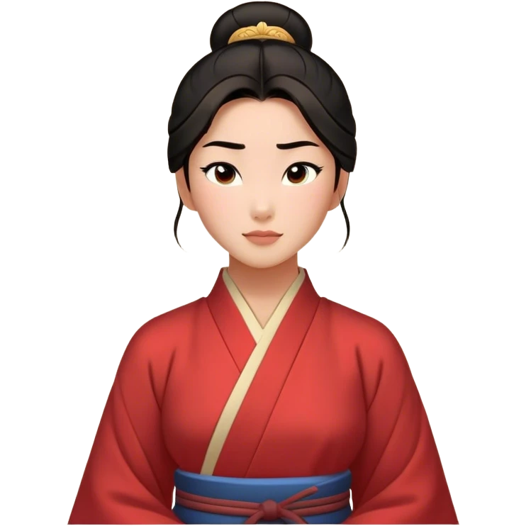 Cinematic Timeless Mulan Portrait Emoji, rendered in a clean vector style. Depict Mulan with warm, light-toned skin, neatly styled dark hair in a traditional bun, and a serene, confident expression, dressed in a simple traditional robe with minimal decoration. The image is highlighted by a soft, inviting glow and a subtle glowing outline, capturing enduring beauty and quiet strength. emoji