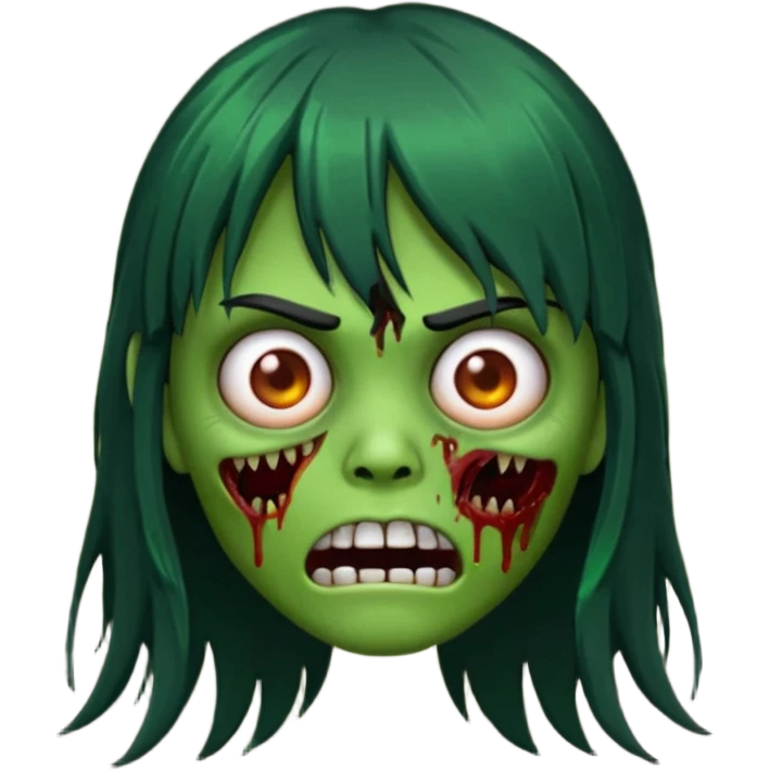 scary zombie emoji, green skin, long black hair with bangs emoji