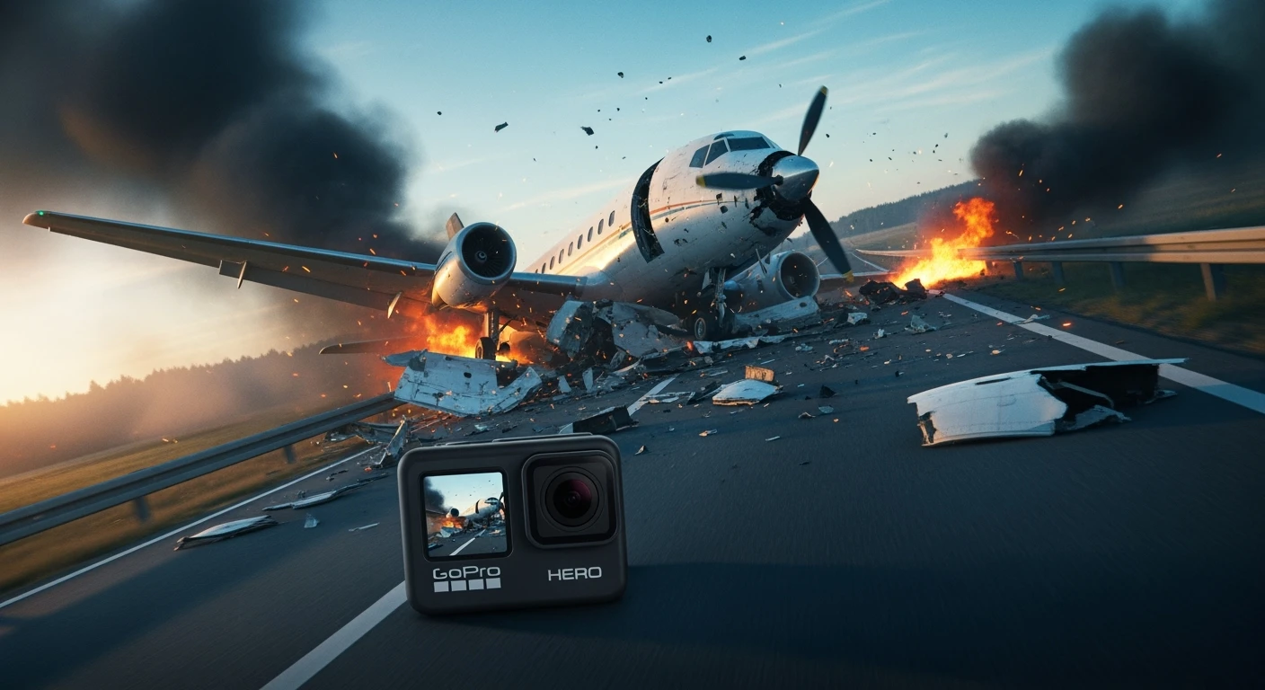 Cinematic still of a plane crash on highway, captured by gopro hero]\ emoji