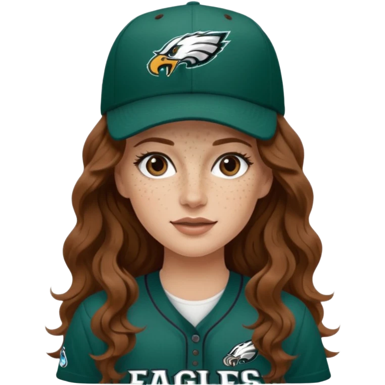 White girl with long brown wavy hair and freckles wearring a Philadelphia eagles jersey and baseball hat emoji