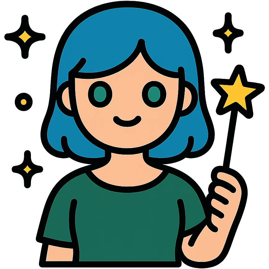 beautiful girl with blue hair and green eyes, holding a magic wand, wearing dark green dress, magical sparkles around, icon style emoji