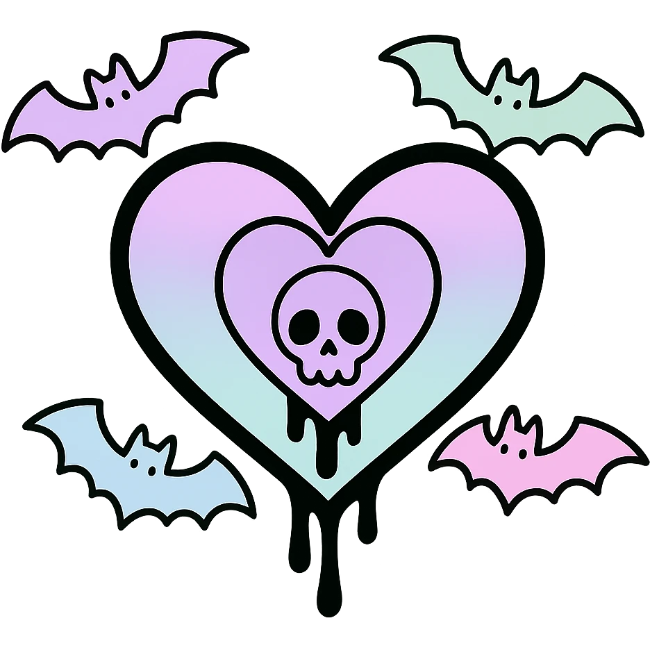 pastel goth heart with pastel bats ,remove background emoji