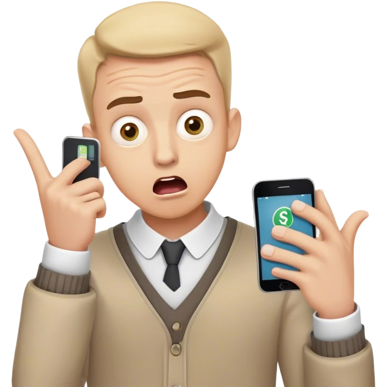 A surprised man holding a smartphone, wide eyes and open mouth, showing a banking app with a negative balance or notification of stolen money, hands in a shocked gesture, light skin tone, modern clothing, simple emoji style emoji