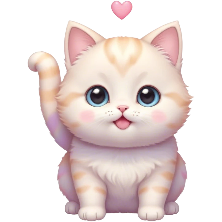 Cinematic chubby pastel kitten, big round eyes full of wonder, tiny paws reaching up, soft fluffy fur glowing in warm light, delicate heart-shaped nose, irresistibly cute and snuggly. emoji