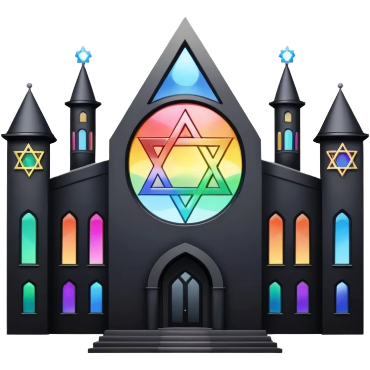 jewish synagogue temple in dark goth aesthetic style with black building and very light tint glass windows that are rainbow if looked at together. and star of david and celestial symbolism emoji