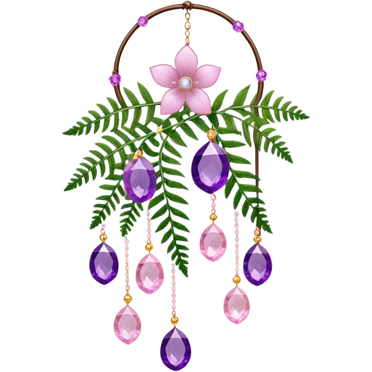 Hanging suncatcher, threads with shiny sparkly amethyst and rose-quartz gemstones, flowers, fern-leaves  emoji