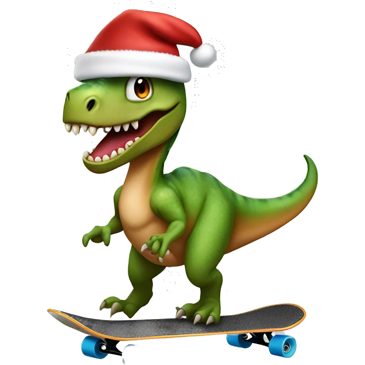 a dinosaur riding a skateboard with a santa hat emoji
