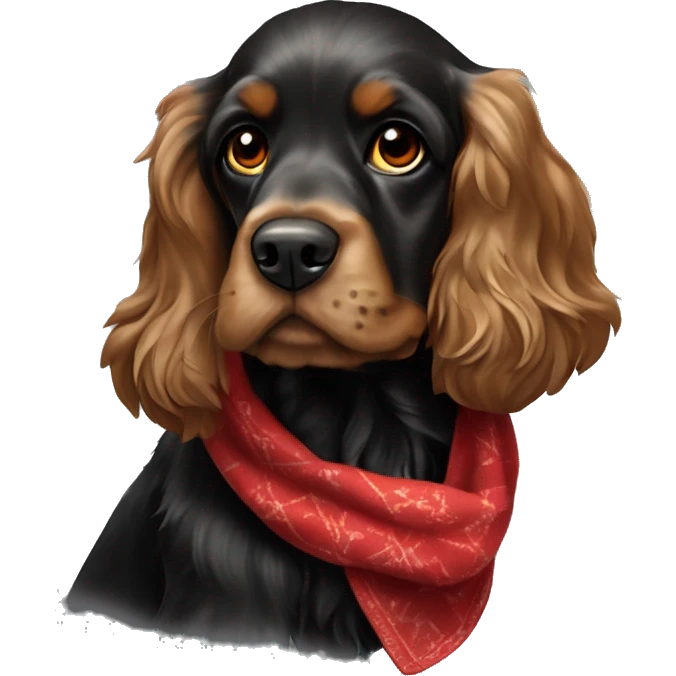 Cocker spaniel anglais noir et feu avec un foulard rouge comme colier  emoji
