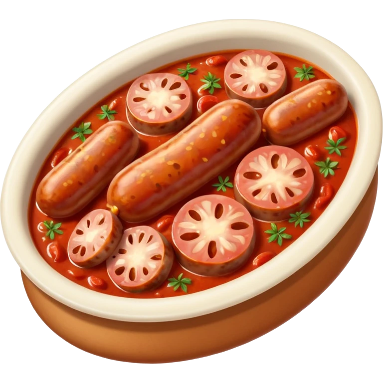 emoji of Rougail saucisse meal. Typical Reunion island meal. Sliced sausage in tomato sauce with thym  emoji