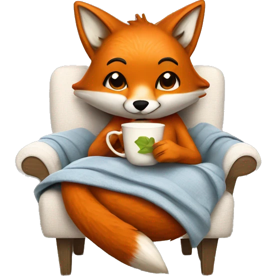 the fox sits in a chair, wrapped in a blanket and drinks tea emoji