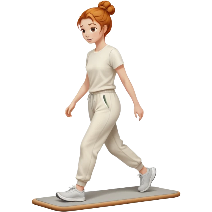 Gorgeous Ginger girl messy bun walking on walking pad cream sweatpants emoji