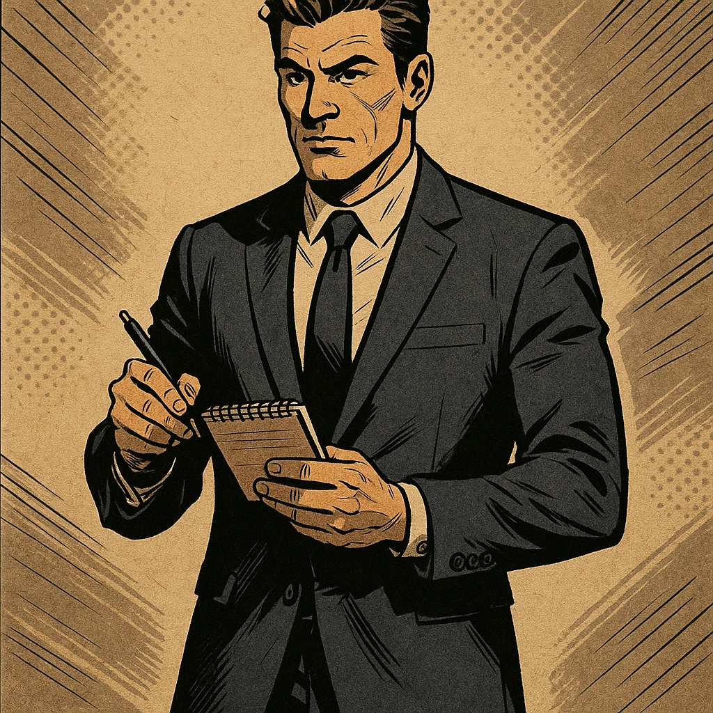 detective character in a modern suit, holding a notepad, confident stance, different artistic style emoji