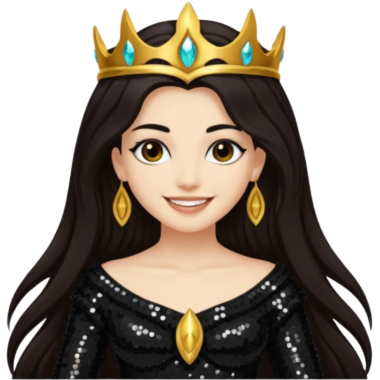 Libera, Goddess of Death from Gods and Goddesses with long dark brown hair, black sequin outfit emoji