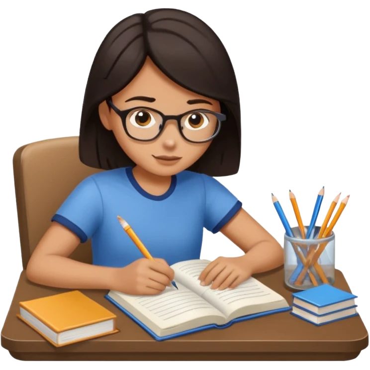A student with dark hair is reading a book and taking notes in a notebook. There are also papers and textbooks on the table. emoji