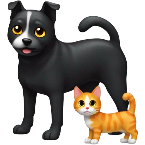 Spanish wanter dog black with white spot on its chat together with orange cat that has yellow eyes emoji
