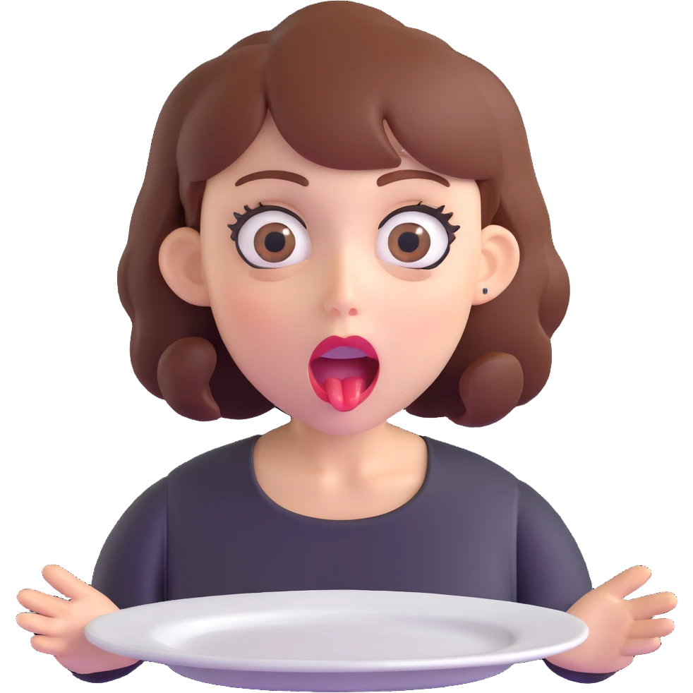 hungry woman with big eyes, open mouth, and empty plate in front of her emoji