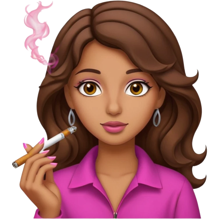 Arab girl tanned but not too tanned, wavy thick hair, brown eyes, smoking a pink joint emoji