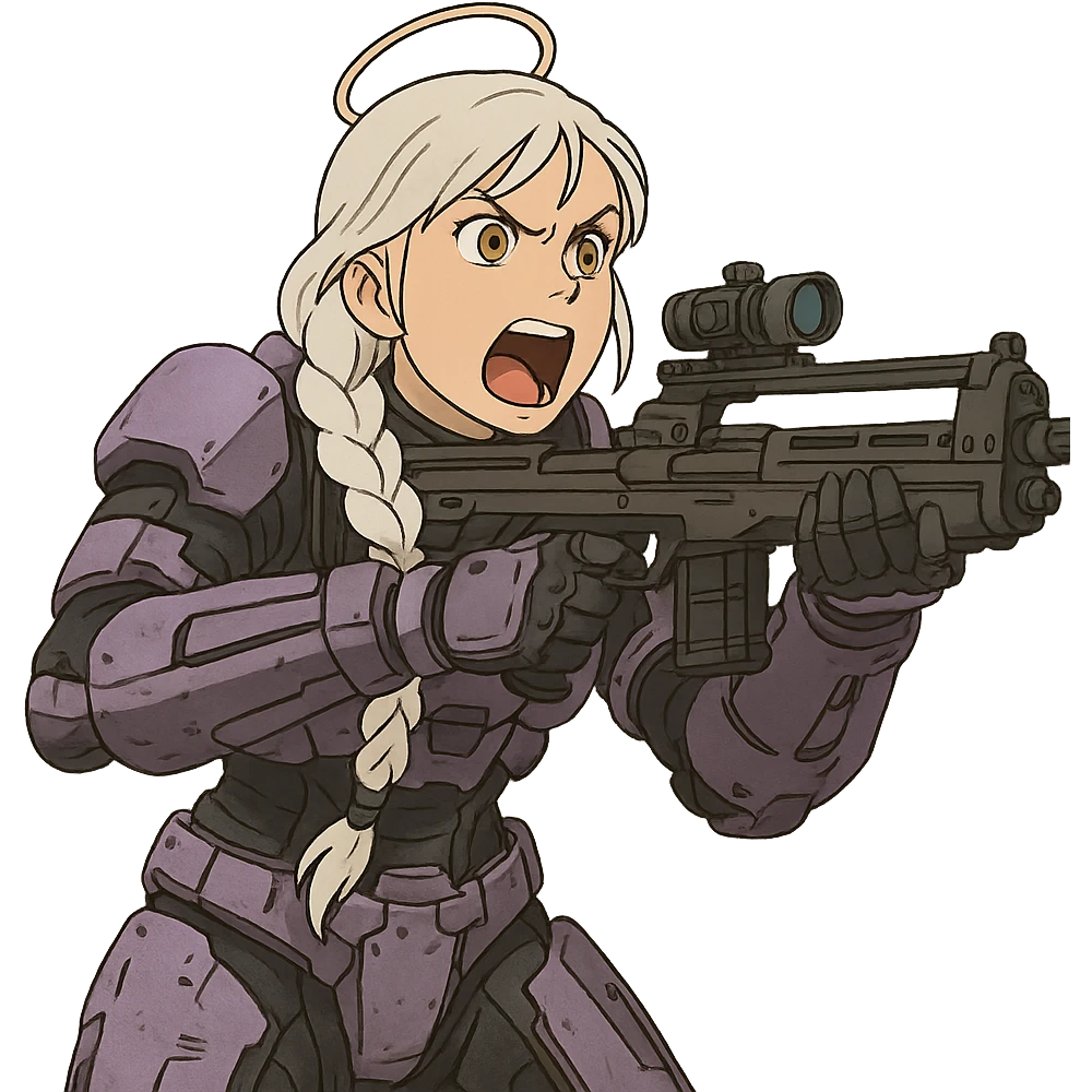 female, wearing reach spartan armor default, long white braid hair, gold yellow eyes, attention pose, halo series, no helmet, the armor is lavender color scheme, shoulder pad off. DDD bust size fitting. Punk gothic cyberpunk, brandishing a dmr, aiming down the sights and yelling emoji