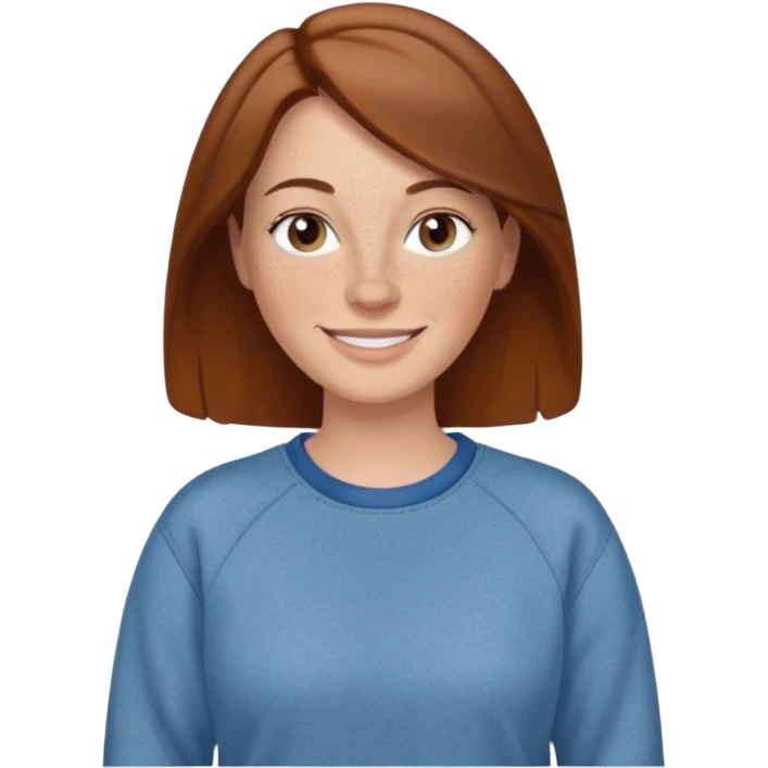 A 38 year old white woman with brown hair and freckles wearing a sweatshirt and jeans smiling emoji