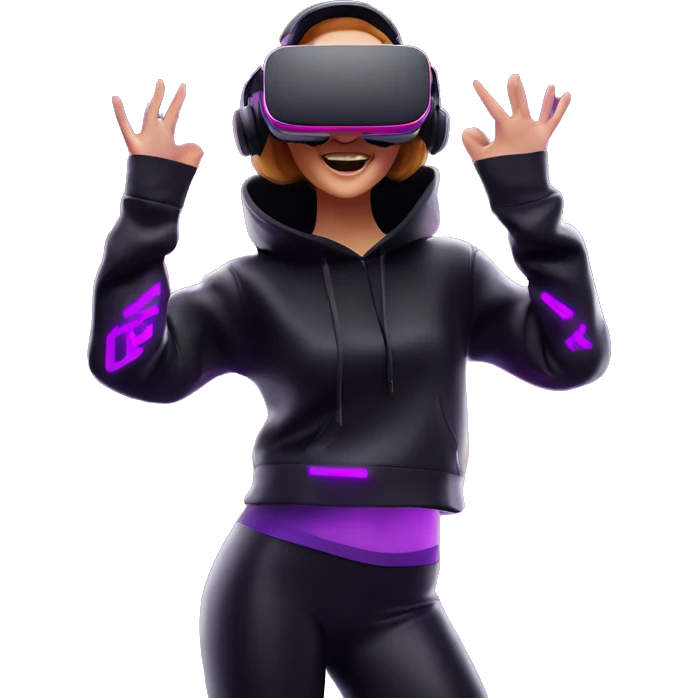 Russian girl wearing black hoody with violet letters "OMG", in vr headset oculus quest2. Dancing. Cyberpunk style. Violet neon. emoji