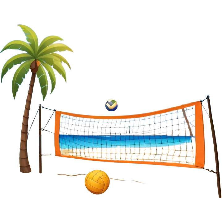 A volleyball resting on the orange sand of a beach, with a volleyball net in the background. The scene captures a sunny beach atmosphere with clear blue sea and sky, palm trees swaying, and people in swimsuits enjoying the vibrant surroundings emoji