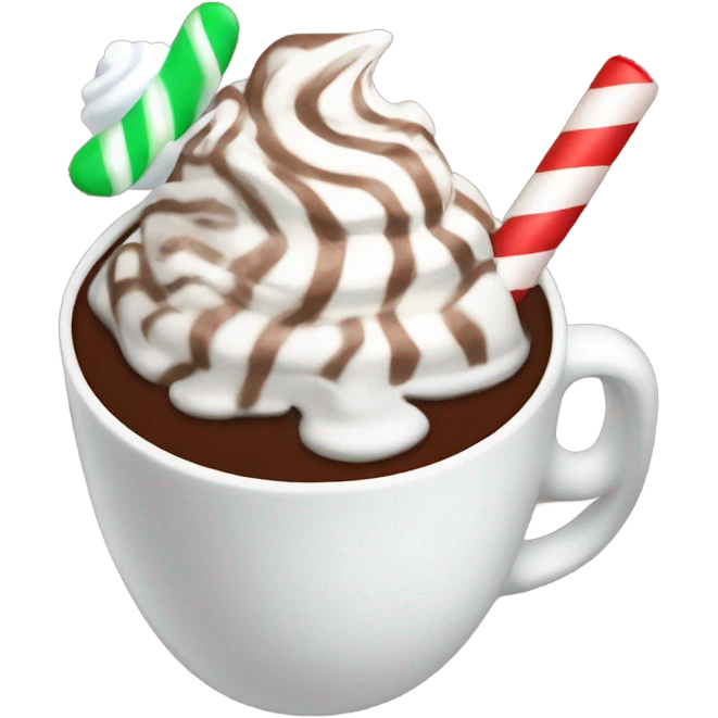 Hot cocoa with whip cream  with a peppermint stick  emoji