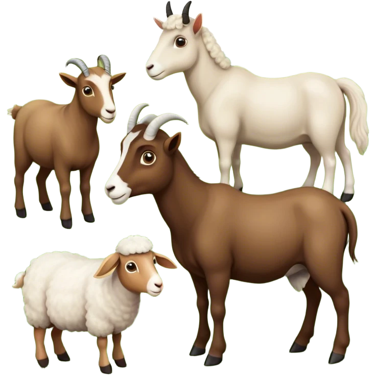 Icon for Domestic Hooved Animals: A gentle collage featuring a brown goat with large, curious eyes, a calm sheep with soft wool, and a majestic horse with a flowing mane. Background with a green pasture and a few hay bales. Transparent background. emoji