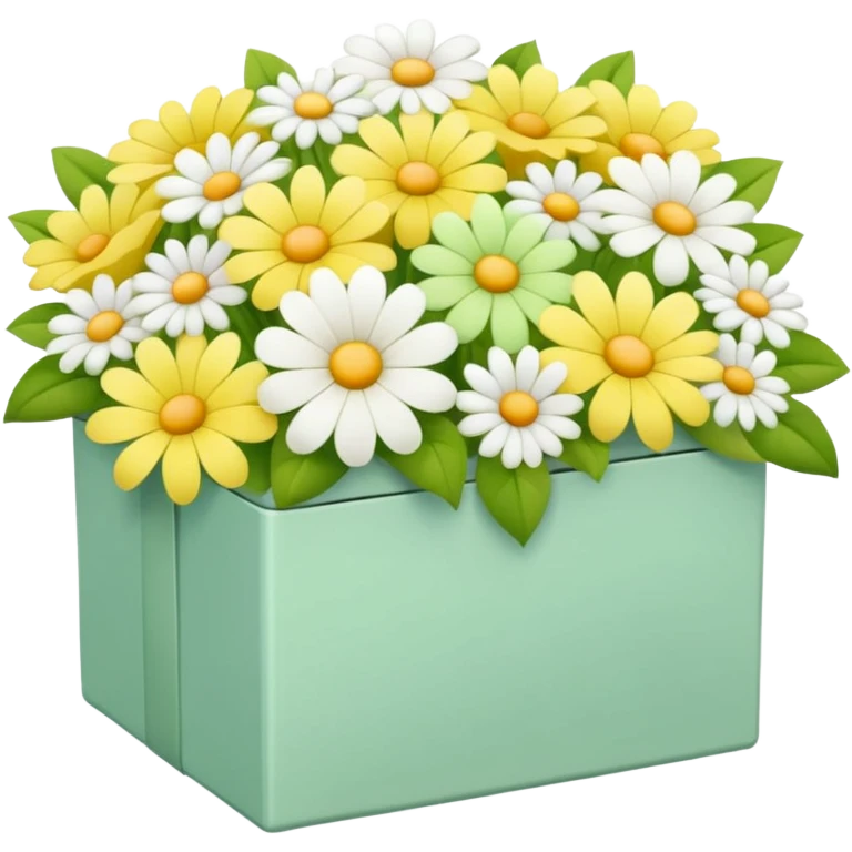 box full of yellow, white and green flowers. pastel colors emoji