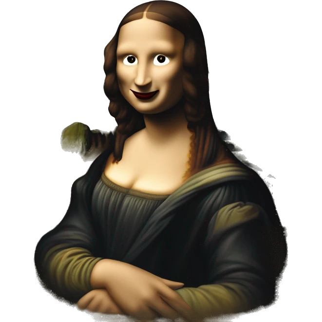 The Mona Lisa depicts a woman sitting upright in an armchair with her arms folded, gazing directly at the viewer. The painting is known for its realistic portrait and use of sfumato, an artistic technique that uses light and shadow to model form emoji