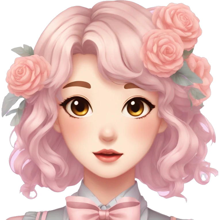 Gorgeous pastel anime style lady with blushing face and flowers and laces and bow ties and pretty hair aesthetic trending style emoji