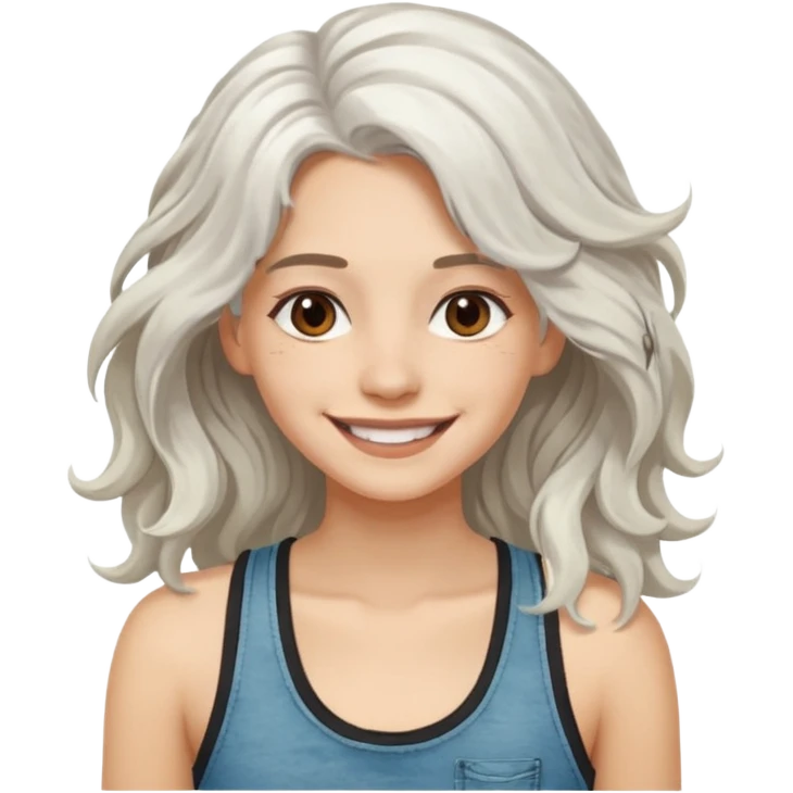 woman with wavy long white hair and brown eyes. smiling in a grunge tanktop emoji