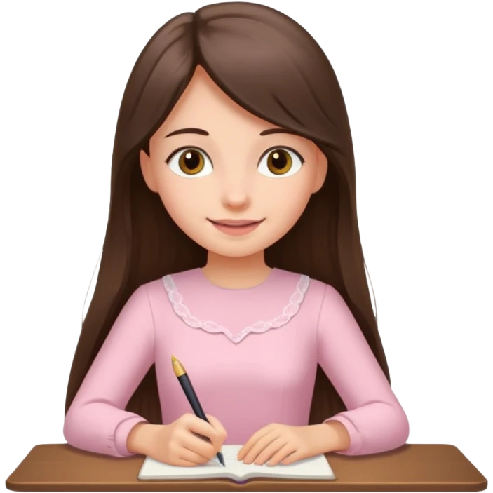 pretty smiling long brunette hair girl with hazel eyes wearing light pink dress writing emoji
