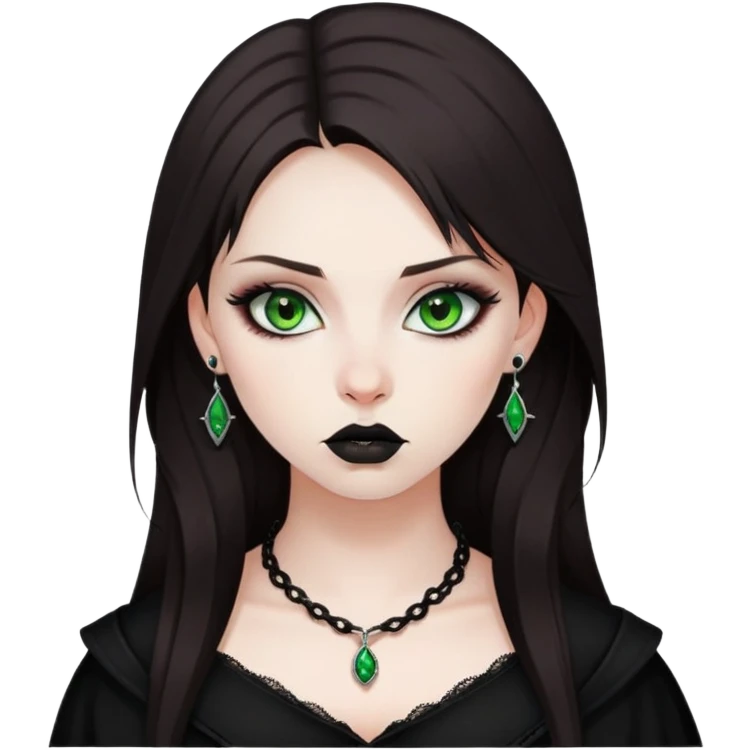 Girl, dark brown hair, green eyes, russian, piercing under the lip, viperr goth girl emoji