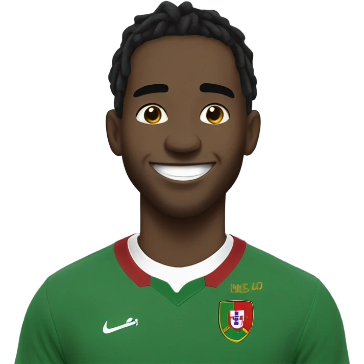  Young black man- super short black dread locks-  low eyebrows - low eyes - no facial hair laughing Portugal jersey lean crazy smile  emoji