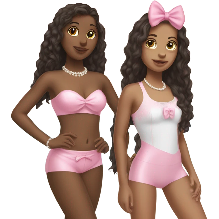 two teenage Latina best friends wearing pink. Long hair. Pink bows. Pearls. Light pink. Diamonds outfits. Two piece swimsuit emoji