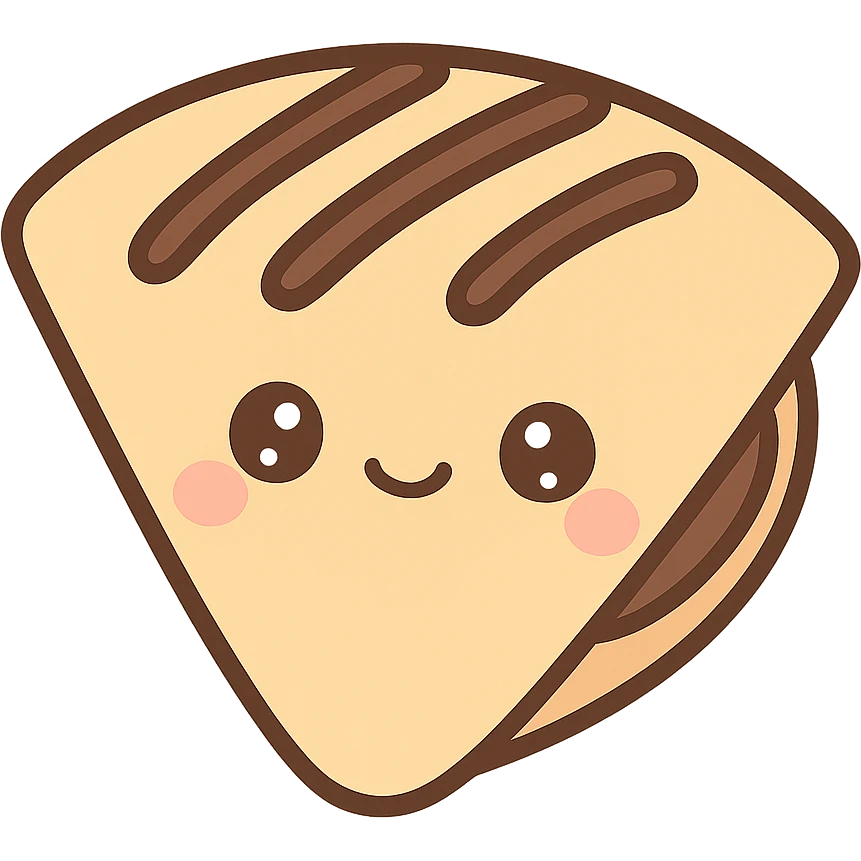 kawaii style french crêpe with a smiling face, folded with chocolate filling, chocolate drizzle on top emoji