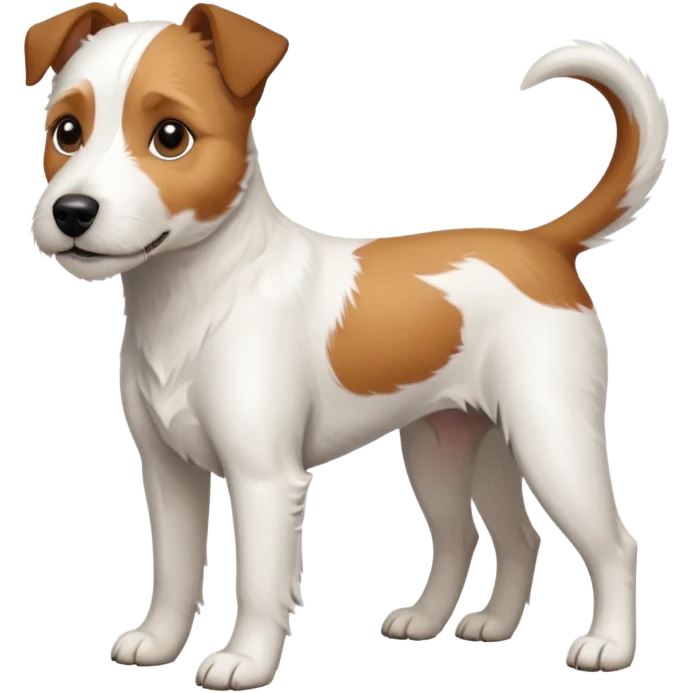 a full body large white parson russell terrier looking dog the size of a kelpie with light brown ears and a light brown patch on one eye and a large snout emoji