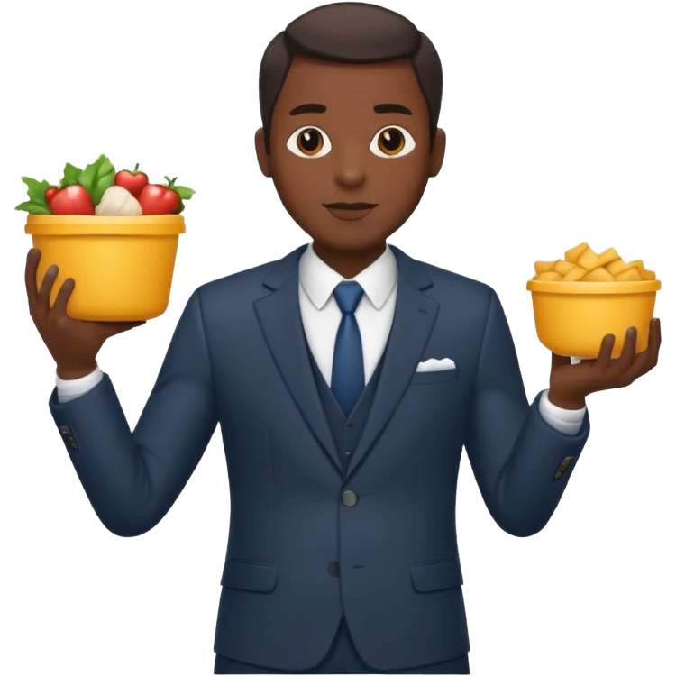 black man with suit holding food container emoji