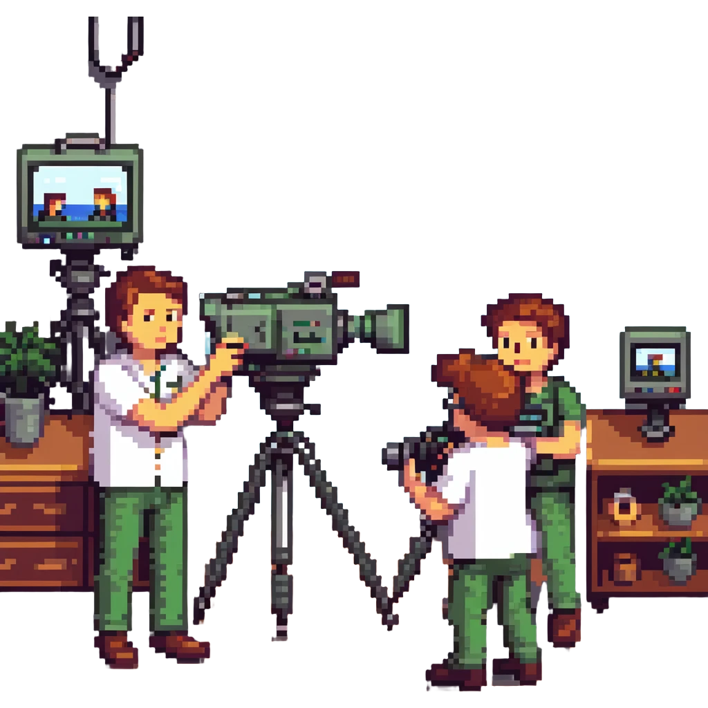 collaboration équipe de tournage with multiple members including caméraman, preneur de son, réalisateur working together around a broadcast camera, dynamic atmosphere, wide shot, team spirit in pixel art style emoji