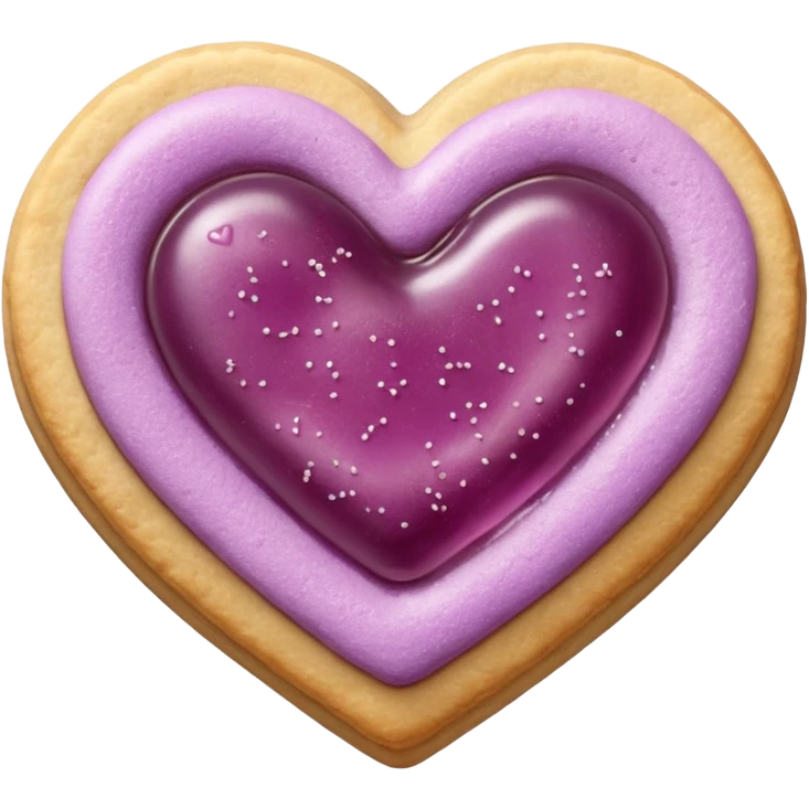 Realistic shortbread cookie in the shape of a heart with mauve jelly middle filling and sprinkled powder sugar on top. emoji