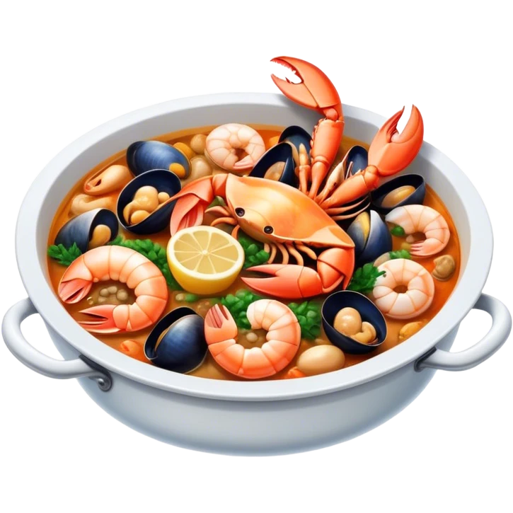 Cinematic Realistic Buzara Seafood Dish Emoji, depicted as a rustic, flavorful seafood stew with shellfish rendered with rich textures and dynamic, maritime lighting. emoji
