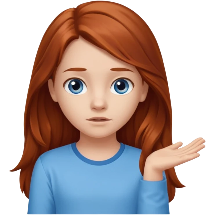 shrugging emoji tween long auburn hair light blue shirt with a darker blue L emoji