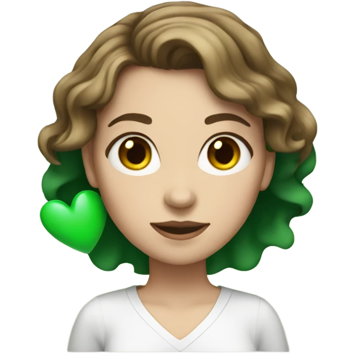 White girl with short wavy brown hair holding green heart emoji