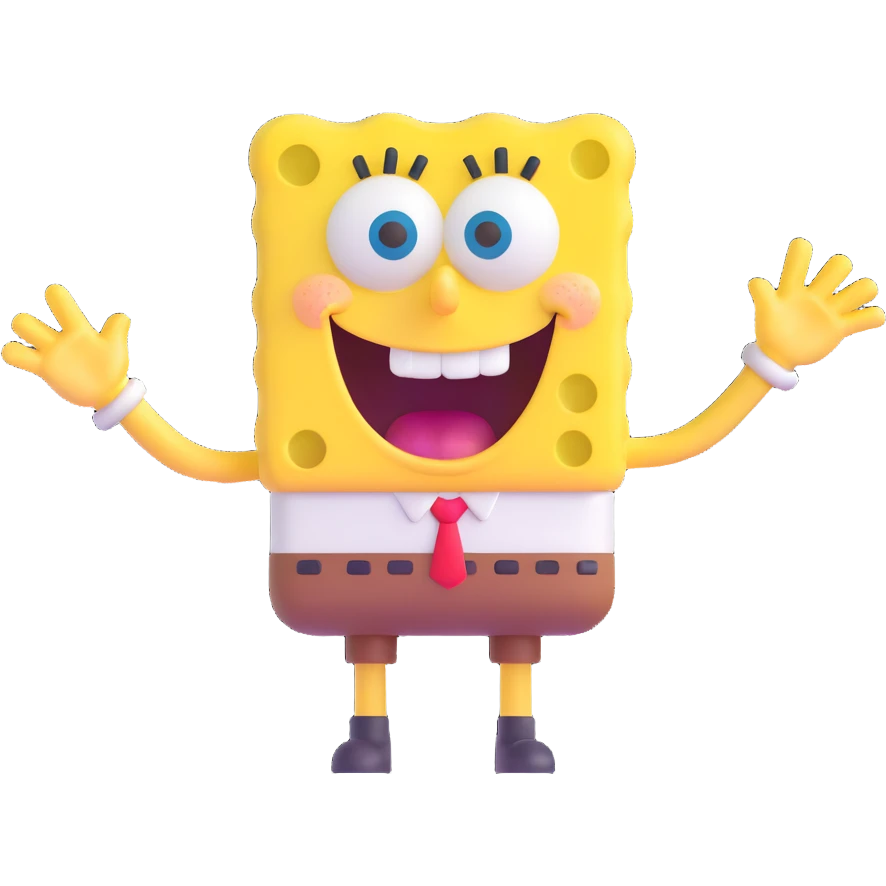 SpongeBob SquarePants, 3D emoji style, rounded features, playful look, waving hand emoji