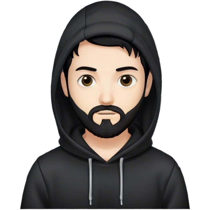 hackeur blanc cheveux noir barbe et capuche noir à côté d'un server emoji
