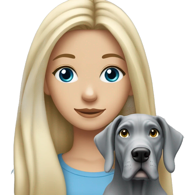 Blonde girl with blue eyes and long hair with a grey great dane dog emoji